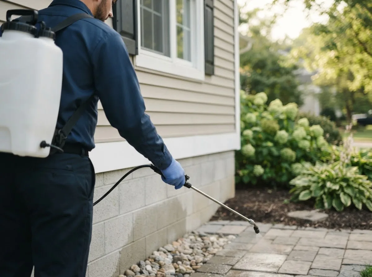 Pest control technician inspecting a home in Upper Tract, WV